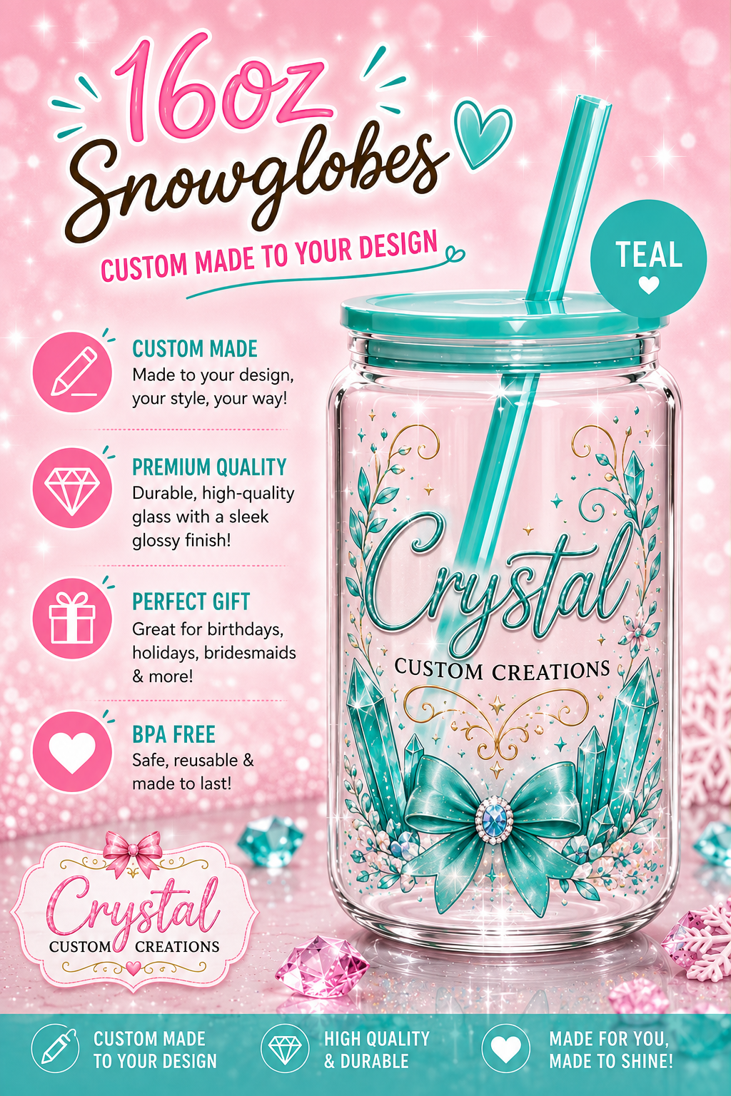 Custom snow globe with colored lid & straw 16oz