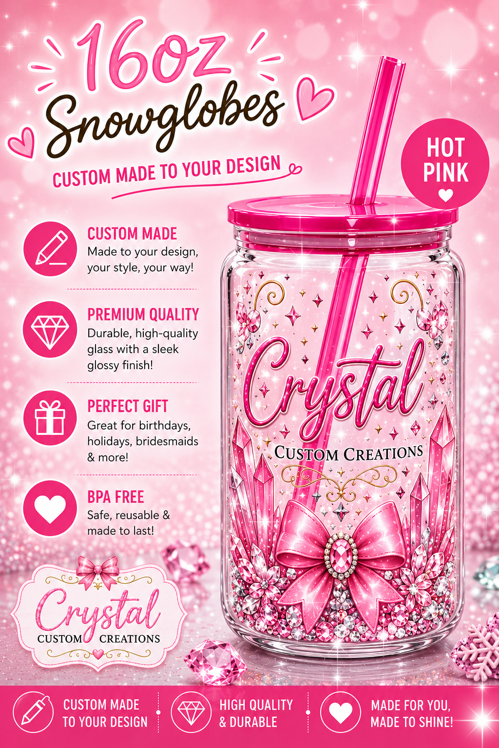 Custom snow globe with colored lid & straw 16oz