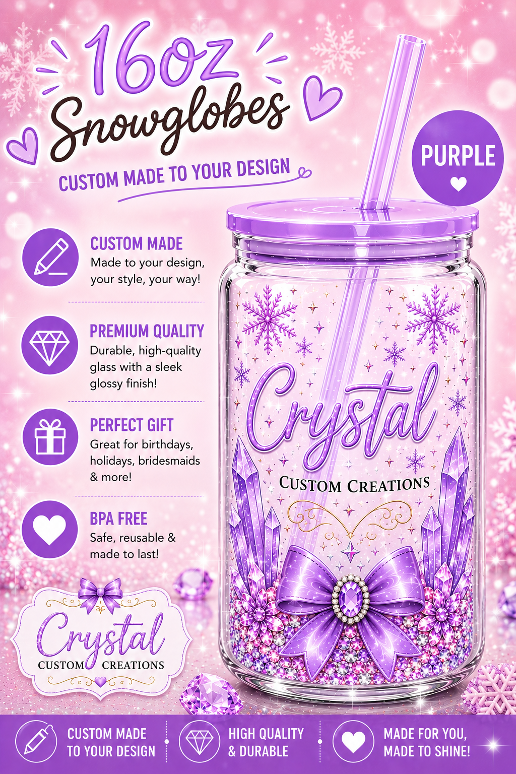 Custom snow globe with colored lid & straw 16oz
