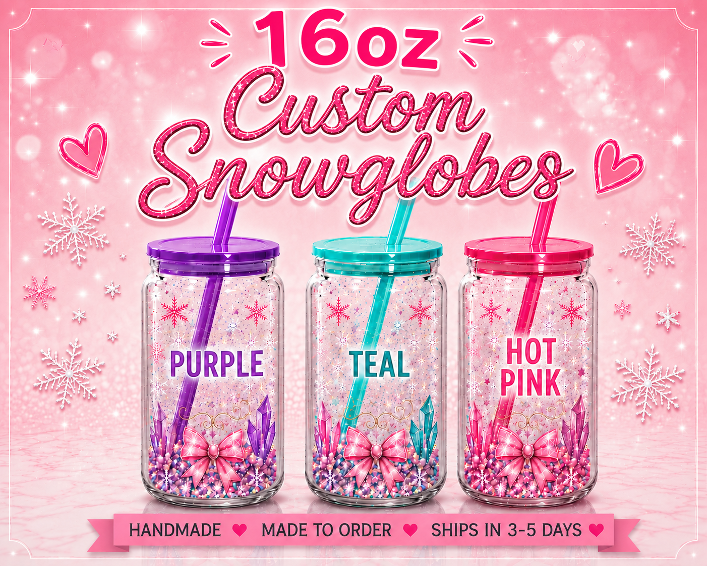 Custom snow globe with colored lid & straw 16oz
